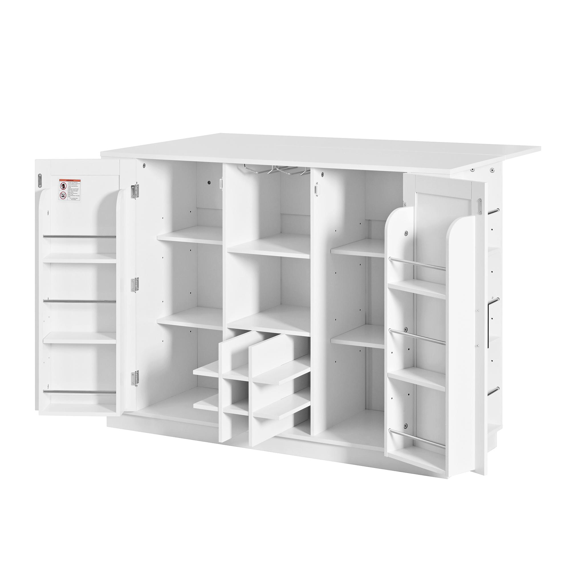 47.2" Multi-functional Extendable Kitchen Island with Drop Leaf, Built-in Power Outlet, Home Coffee Bar Wine Cabinet with Bottle Rack & Glass Holder, 2-Door Buffet Sideboard with Open Side Storage Shelves, Water-resistant Easy Clean MDF, Space Saving