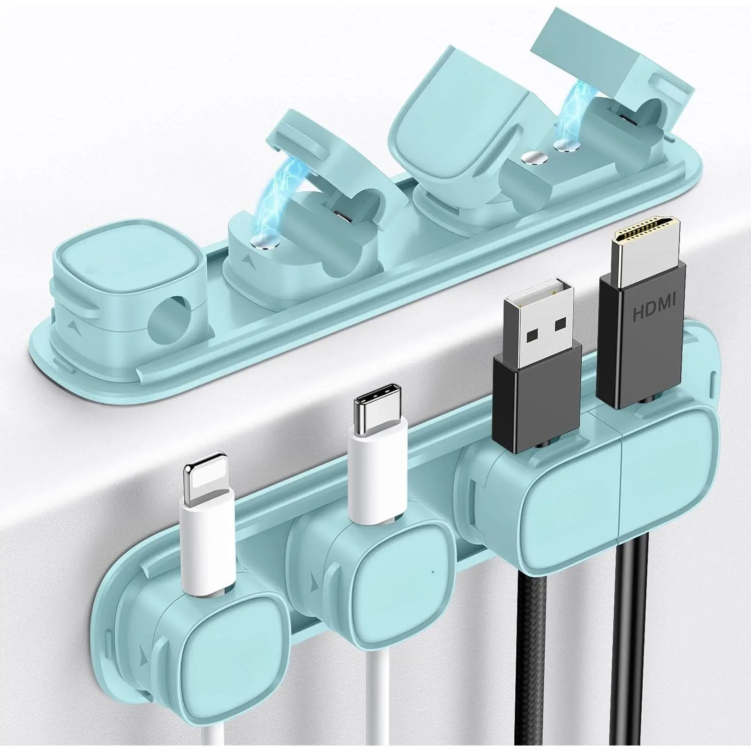 6 Pack Adhesive Cord Clips (1s Open/Lock) - Office Supplies Stationary Organizer Holder, Table Organizers Under Desk Work Accessories for Desk, Nightstand (Blue)