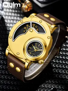 Oulm Hp9591 Men's Watch, High-Quality Leather Strap, Analog Quartz Movement, Vintage Design, Business & Sports Style, 1pc
