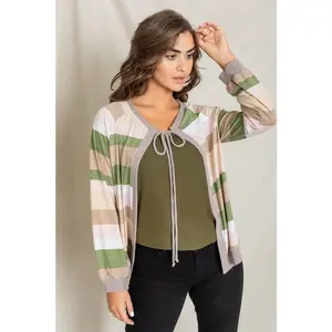 EG fashion Multi Color Stripe Waffle Trim Open Cardigan