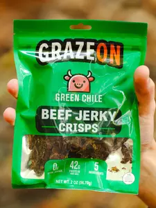 GrazeOn Green Chile Beef Jerky Crisps High Protein 42g No Sugar Crunchy Air-Dried Meat Snack All-Natural 2.0 oz Low Carb Keto-Friendly