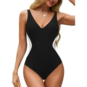 Women's One Piece Swimsuit Slimming Tummy Control Bathing Suit Deep V Neck Color Block Lace Up Back Swimwear