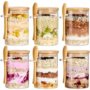 Pack Overnight Oats Containers with Bamboo Lids and Spoons - 22 oz Airtight Glass Jars with Lid, Meal Prep Jars for Chia Pudding, Yogurt, Salad, Cereal, Coffee, Flour |   Food Storage Canister