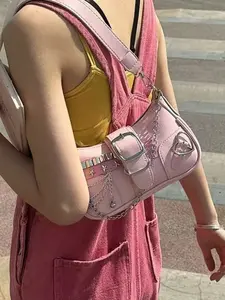 PU Leather Y2K Style Women's Crossbody Shoulder Bag, Crescent Star Pattern, Sweet Cool Chain Strap, All Season Fashion Accessory, Hobo Crossbody Bags