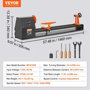 VEVOR Tabletop Wood Lathe, Dimensions 14x40 inches, Motor Power 0.5 HP 370W, Features Variable Speeds 885/1245/1715/2425 RPM, Includes Chisels, Faceplate, Plastic Handle, Hex Wrench, Ideal for Craf
