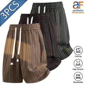 3PCS Striped Textured Casual Shorts |   Elastic Waist Drawstring Streetwear Bottoms