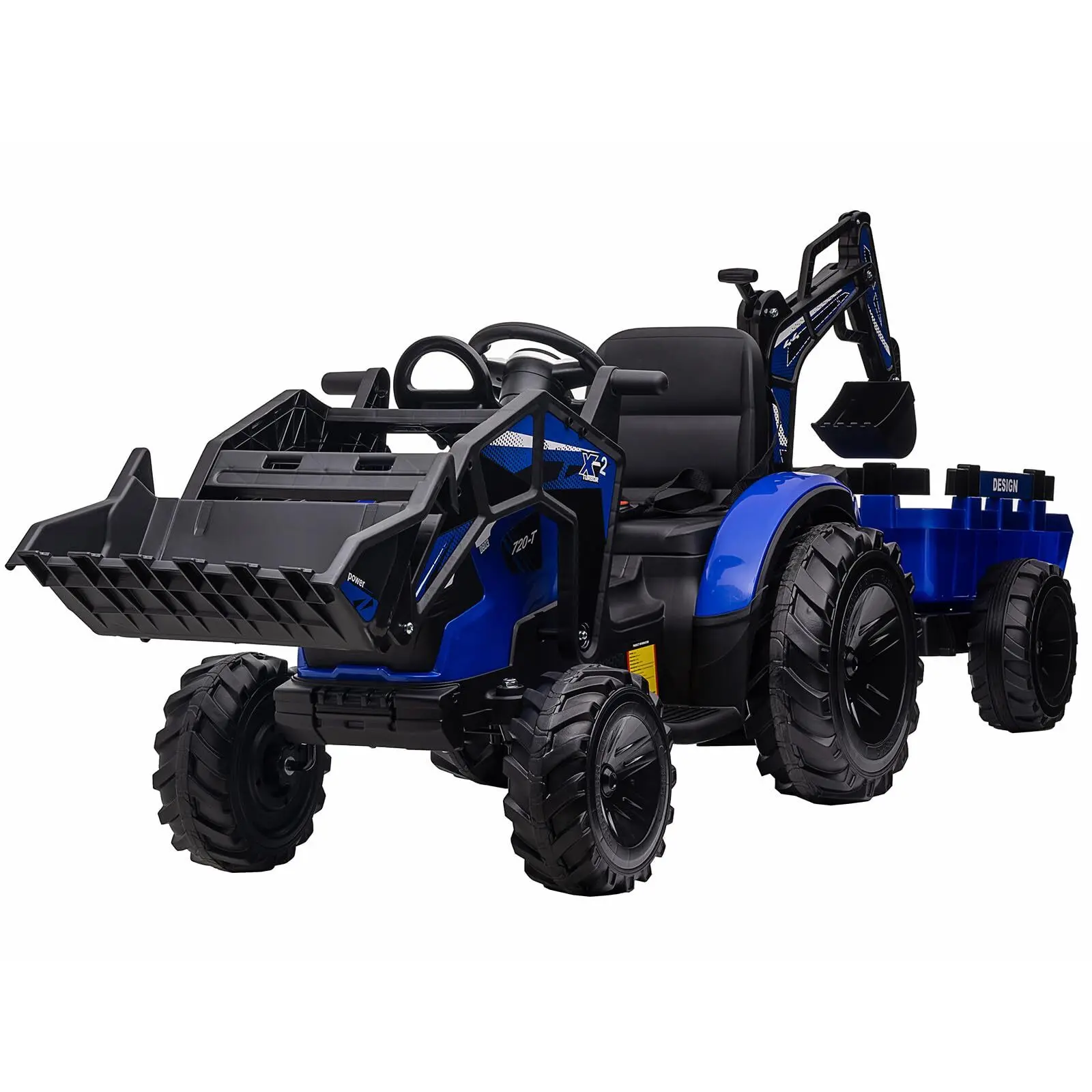 24V Battery-Powered 3-in-1 Electric Ride-On Tractor-Excavator-Bulldozer with Trailer, Remote Control, EVA Tires, LED Lights, Music, USB, Engine Noises, Seat Belt, Retro Look, Chrome Details, Bright Blue Pretend Play Ride-On Toy Car