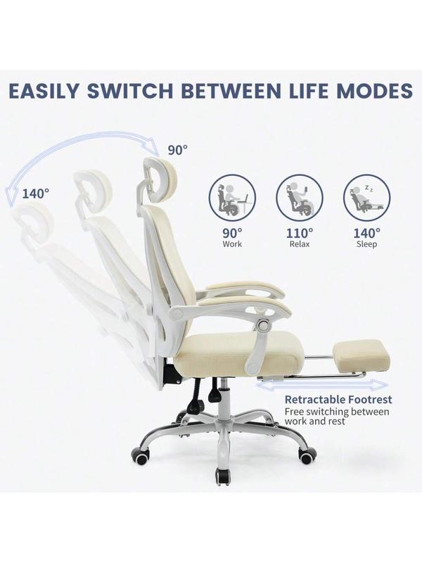 Beige - Ergonomic Mesh Office Chair - Home Desk Chair With Footrest , High-Back Computer Gaming Chair With Headrest Adjustable Lumbar Support, Rolling Swivel Task Chairs For Home, Office
