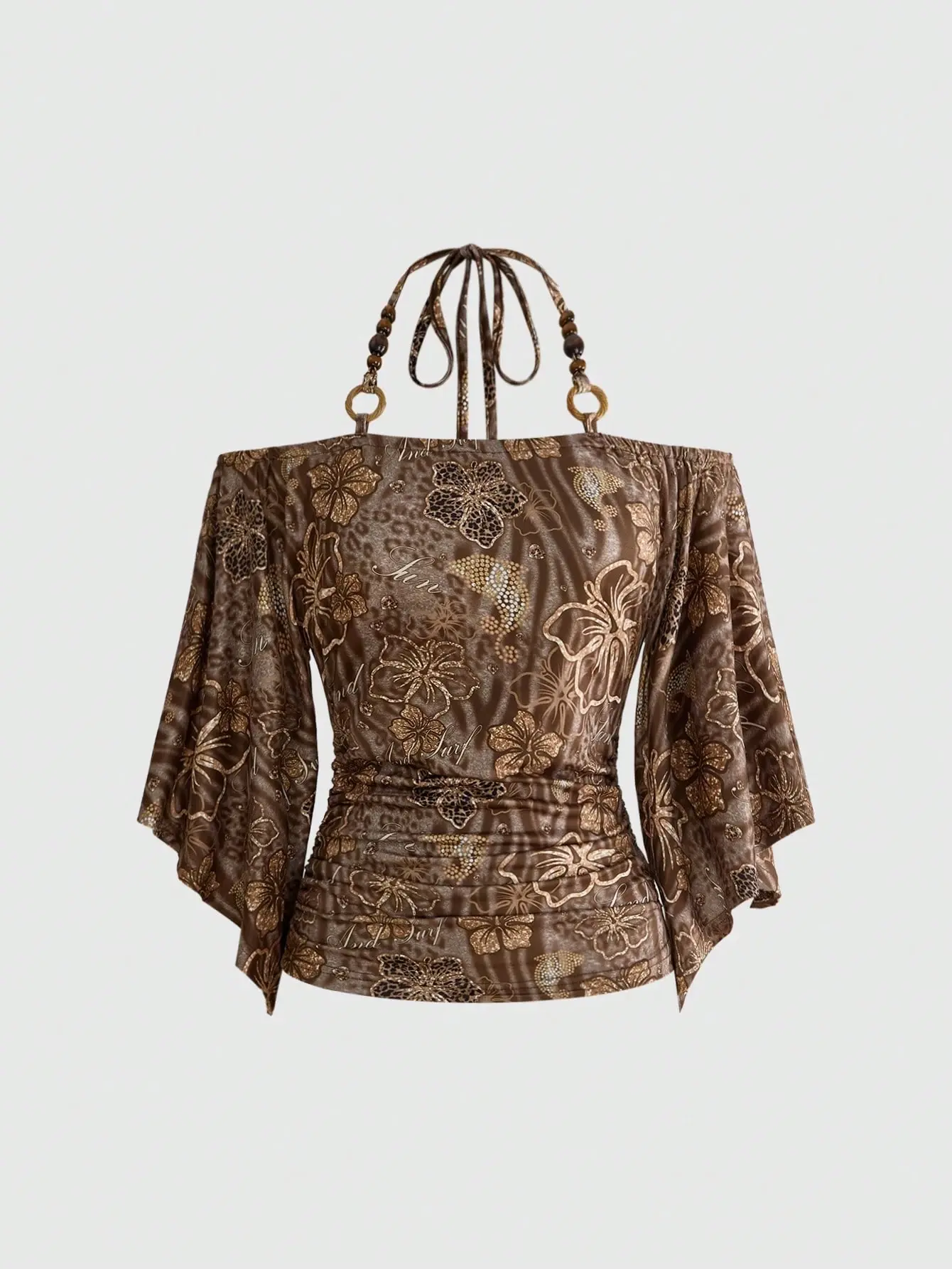LALUZ Boho Halter Neck Top Loose Batwing Sleeve Hibiscus Floral Print Women's Vintage T-Shirt With Wooden Bead Decoration Boho Style