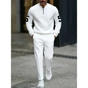 Business casual fashion men's digital printed sportswear set, featuring a street-style patterned digital half-zip sweater + pants, a two-piece men's outfit