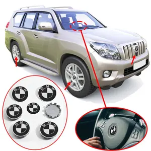 7Pcs Car BMW Black White Logo Car Front Hood Emblem 82mm+Rear Trunk Badge 74mm+Wheel Hub Cap 68mm+56mm Steering Wheel Sticker 45mm For BMW Models