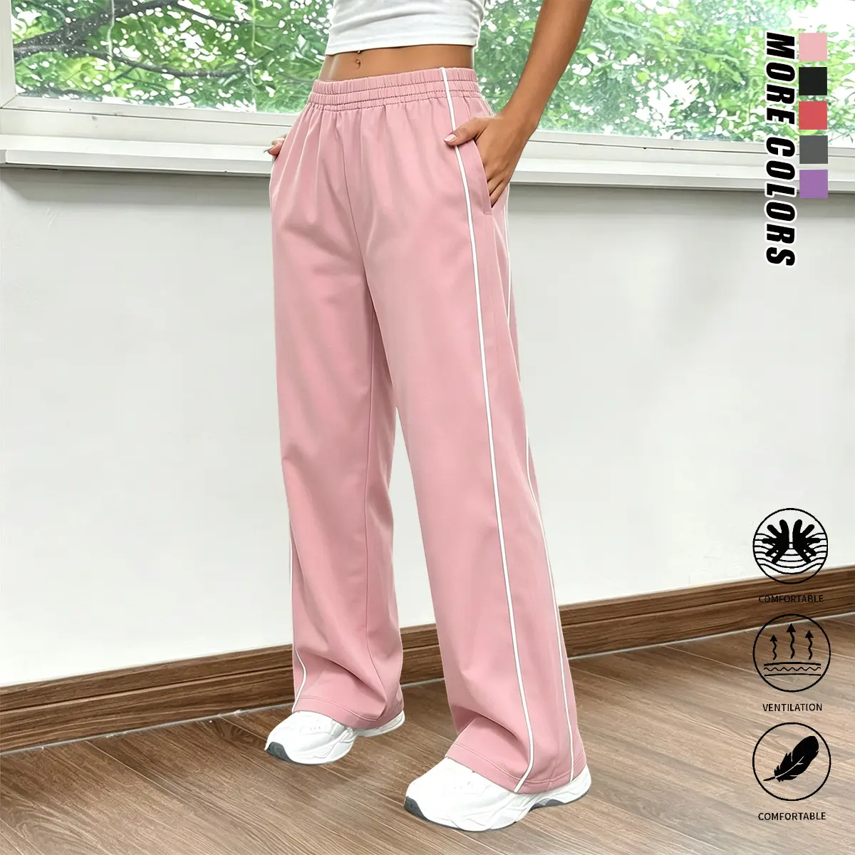 Women’s casual athletic pants with white side stripes; comfortable and breathable, versatile for everyday wear; perfect for sports, fitness, and running; suitable for students and office workers alike; women’s bottoms, athletic long pants.
