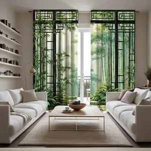 2 pieces, green bamboo garden printed curtains, black geometric frame, pole pocket style, Easy Install Curtain, semi sunshade polyester fiber, suitable for home living room, bedroom, balcony, kitchen, study and shower window decoration, anti privacy