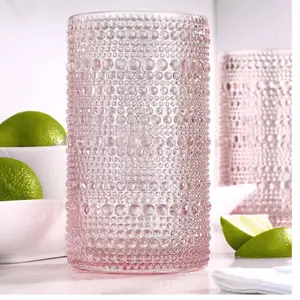 Glaver's Hobnail Pink Vintage Glassware Set - Set of 4 15 oz Cocktail Glasses for Everyday Use - Drinkware