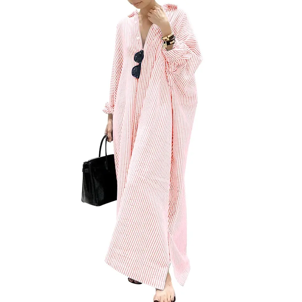 Chouyatou Women's Casual Long Sleeve Button Down Loose Striped Cotton Maxi Shirt Dress Grey Caftan Comfy Basic Batwing Sleeves Breathable Lightweight Beach Clothes Womenswear Bikini Elegant Fit - TikTok Shop Chouyatou Women's Casual Long Sleeve Button Down Loose Striped Cotton Maxi Shirt Dress Grey Caftan Comfy Basic Batwing Sleeves Breathable Lightweight Beach Clothes Womenswear Bikini Elegant Fit - TikTok Shop