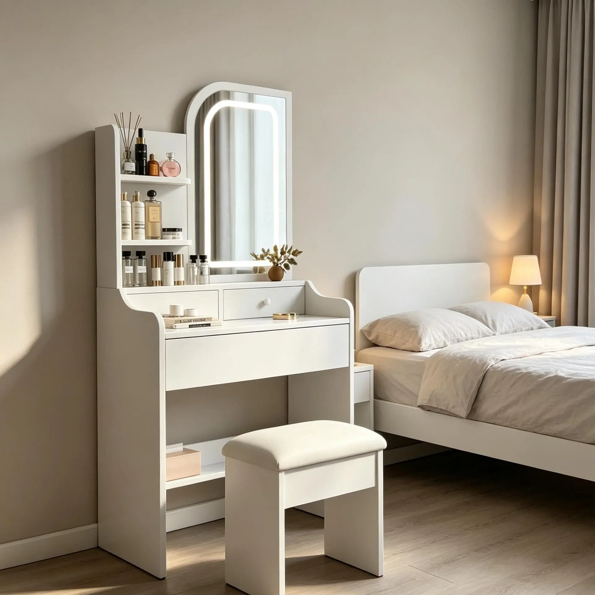 Flip-Up Vanity Desk with Lighted Mirror & Lockable Drawer – Space Saving Makeup Table with 3 Side Drawers, Open Shelves & Stool. Modern White Dressing Table for Small Bedrooms & Apartments