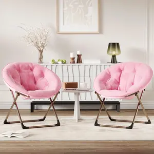 Folding Chair Furniture, Vanity Chair Set of 2, Faux Fur Saucer Chairs for Home, Metal Frame Foldable Lounge Chair, Soft PP Cotton Cushion, 300LBS Capacity, Space-Saving for Bedroom Living Room Dorm, No Assembly Required, Pink & Gold