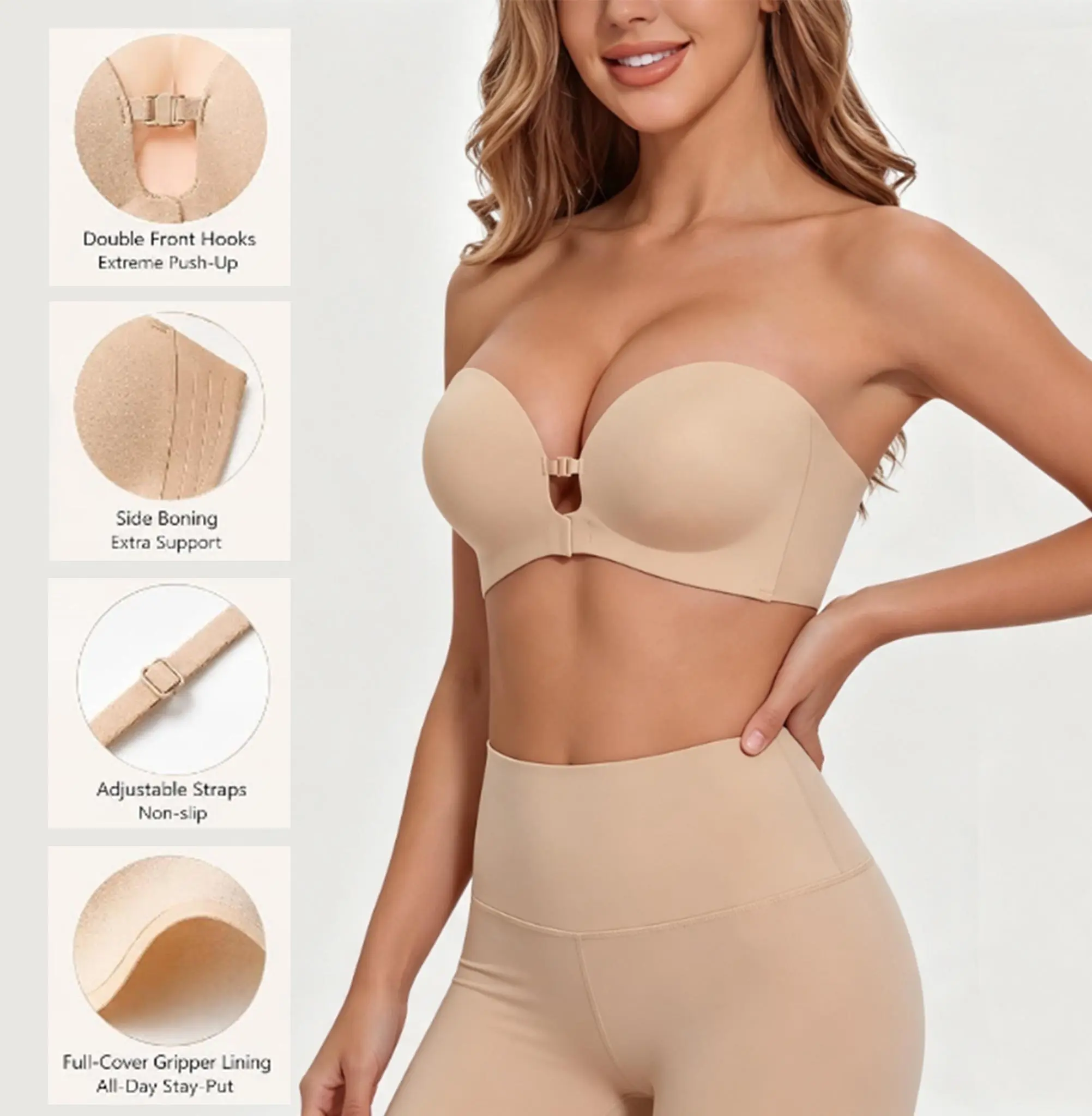 Womens Strapless Front Closure Bra Push Up Lift Bra Padded Add Cup Non Slip Anti-Slip Grip Wireless Supportive Seamless Comfortable Tube Jelly Bra