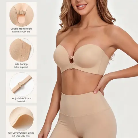 Womens Strapless Front Closure Bra Push Up Lift Bra Padded Add Cup Non Slip Anti-Slip Grip Wireless Supportive Seamless Comfortable Tube Jelly Bra