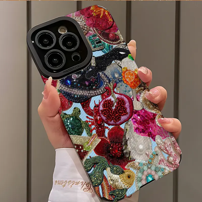 Abstract Shiny Floral Pattern Pomegranate Flower Design Shockproof Protective Ultra-Thin Cellphone Phone Case Cover Casing for iPhone 17/16/15/14/13/12/11/plus/pro Max Series Gift Idea Accessories