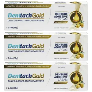 Denttach Gold – Extra Virgin Olive Oil - Extra Strength Denture Adhesive for Full & Partial Dentures – Zinc-Free, Long-Lasting Grip, 2.4oz Saliva Activated(Pack of 3)