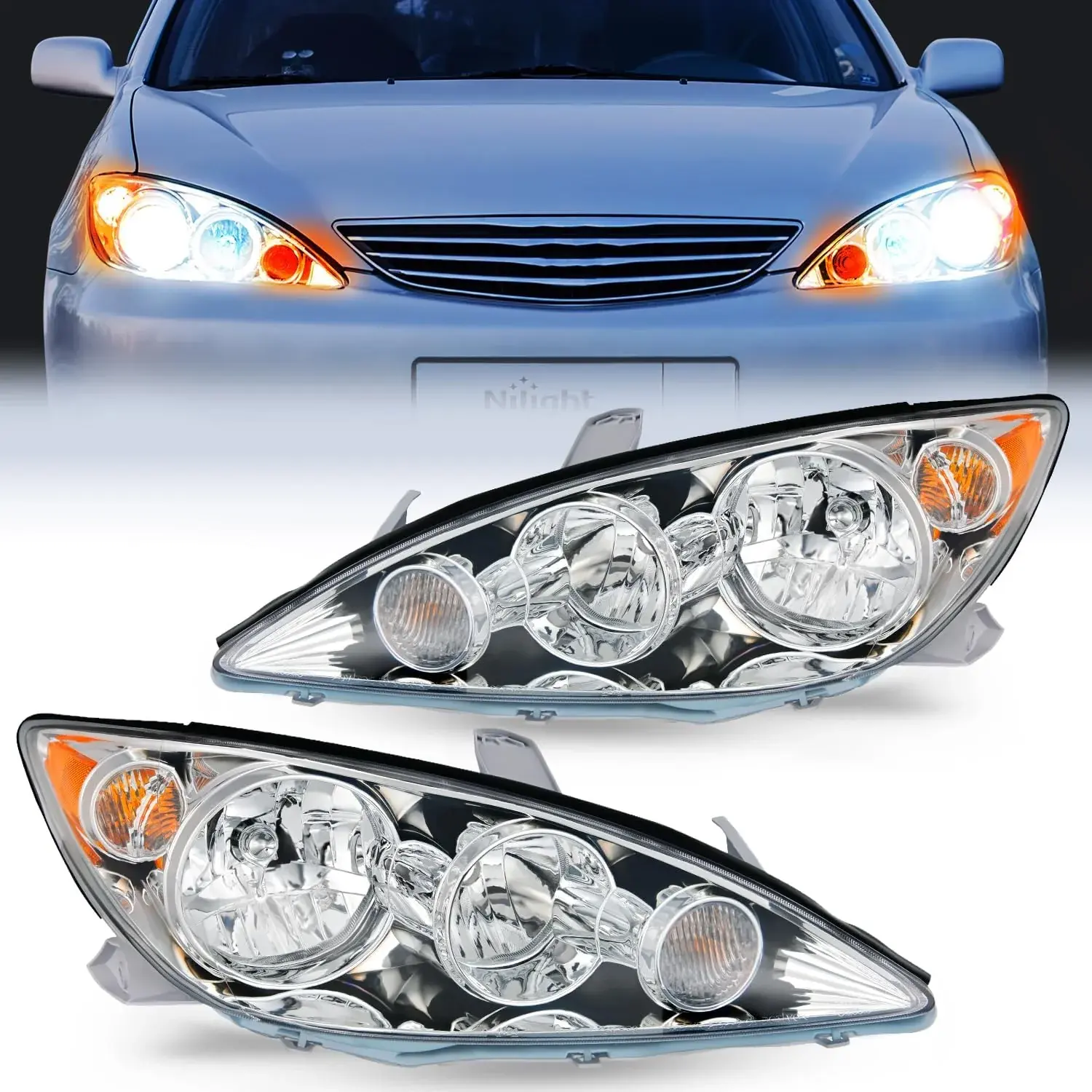 Nilight 2005 2006 Toyota Camry LE XLE SE Headlight Assembly Chrome Case Amber Reflector Clear Lens, Car Accessories, Replacement, Car Light, Automotive