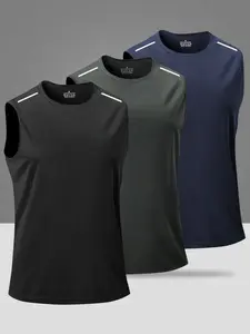 Three-piece summer sleeveless sports tank top, quick-dry fabric with reflective shoulder stripes, stylish design, breathable and comfortable, essential for outdoor fitness.