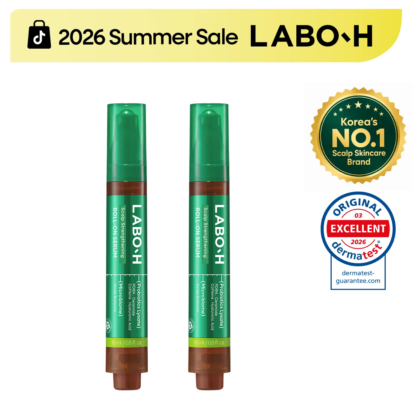 LABO-H PDRN Roll-On Scalp Serum 2-Pack | 84% Less Hair Shedding in 14 Uses | Daily Scalp Massaging Serum Vegan | Korean Haircare