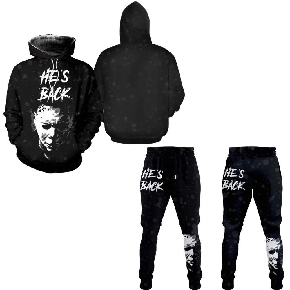 Michael Myers 3D Hoodie and Sweatpants Set, He’s Back Black Horror Halloween Graphic Outfit, Gift for Horror Movie Fans