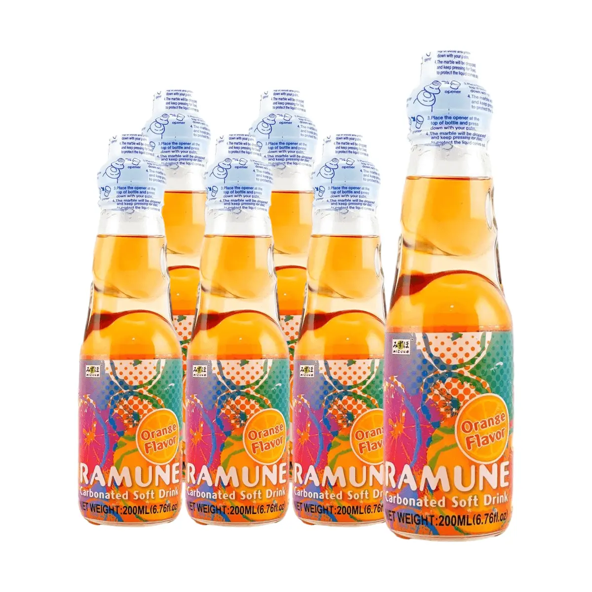 6 Pack MIZUHO Ramune Marble Soda Orange Flavor 6.76 fl oz - Japanese Carbonated Drink