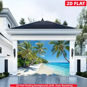 2D flat 1PC polyester material tropical coconut tree beach background cloth, white sand beach and blue sea coconut forest print is fresh and eye-catching, suitable for tropical theme parties, photography, indoor decoration, outdoor picnic layout,
