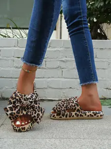 Women's Summer Thick Sole Non-Slip Comfort Slippers, Leopard Pattern Slippers, Outdoor Casual Leopard Print Slide Sandals with Bowknot, Eva Material Beach Shoes