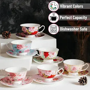 BTaT Elegant Tea Cup and Saucer Set 6pcs Floral Saucers Classic Drinkware 8oz Vibrant Colors Dishwasher Safe Gift Box, Birthday Gift iced coffee cups Tumblers