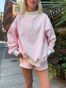 Womens Lightweight Striped Two Pieces Outfits Shorts Set Y2k Long Sleeve Mock Neck Oversized Sweatshirt Pullover Top And Shorts Sweat Set Spring Fall Sweatsuit Tracksuit Loungewear