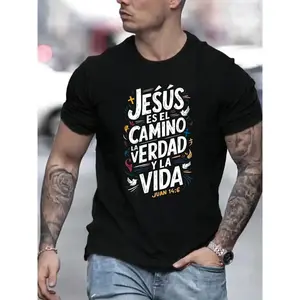 Men'S Casual Summer T-Shirt - Trendy Graphic Print, Round Neck, Machine Washable - White with Inspirational Spanish Quote "JESUS CAMINO Y VIDA", Every funny tshirt short sleeve shirt oversized tshirt