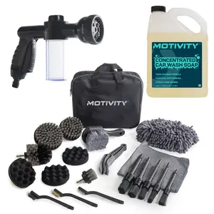 MOTIVITY Essential Foam Wash and Detail Kit – Includes Concentrated Car Wash Soap, Foaming Spray Nozzle, and 21-Piece Car Detailing Brush Set