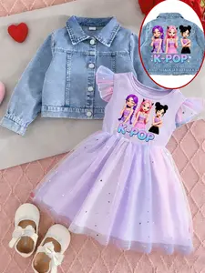 Girls' K-Pop Idol Printed Two-Piece Set, Light Blue Washed Denim Jacket & Gradient Star Mesh Skirt, Soft Breathable School Performance Party Wear, Party Ready