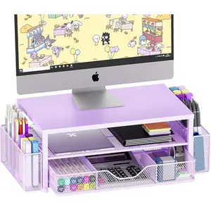 Desk Organizers and Accessories, 2-Tier Computer Monitor Stand Riser with Drawer and 2 Pen Holders, Office Desk Accessories For Office Supplies, Purple