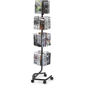 VEVOR Brochure Display Rack, 4-Tier 32 Pockets Rotating Magazine Literature Display Stand for Postcards, 360° Spinning Greeting Cards Rack with 5 Wheels (2 Lockable) for Shop Exhibitions Office
