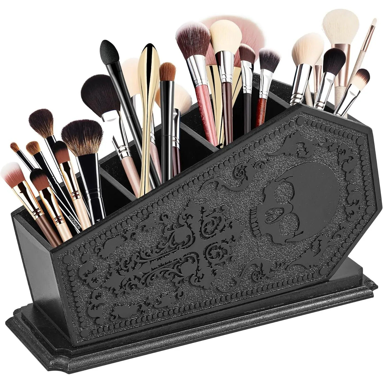 Gothic Coffin Decor Makeup Brush Holder,Spooky Witchy Gifts for Women,Skull  Display Cases,Goth Decor Pen Holder, Vanity, Desk, Office Organizer for Bedroom Bathroom (Coffin Holder-Black)