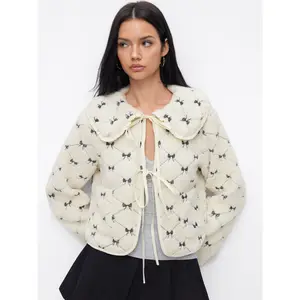 Cider Fleece Peter Pan Collar Bowknot Embroidery Tie Front Oversized Jacket