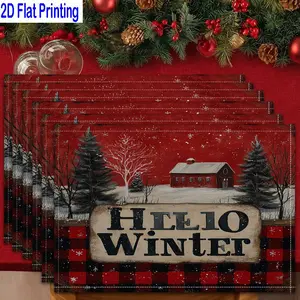 1PC/4Pcs/6Pcs 2D Flat Printed Red Barn Snowy Winter Buffalo Plaid Table Mats, Placemats, Heat-resistant Kitchen Table Mats, Home Restaurant Table Mats, Outdoor Picnic Table Cloth Mats, Etc