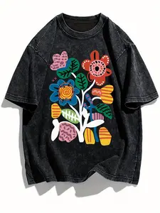 Women's Trendy Printed Washed T-shirt - 230g Thick, Retro Street Style, Round Neck, Short Sleeves, Machine Washable, Perfect for Spring and Summer Casual Wear, Unique Loose Fit, a Popular Everyday Style, a Perf