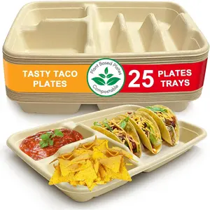 3-Taco & 2-Sides Taco Plates, Disposable Paper Plates with Dividers – 25 PACK| Taco Tray for Party, Fiesta Taco Holder, Taco Stand for Taco Tuesday & Taco Bar, Microwave-Safe Taco Plates (25 Plates)