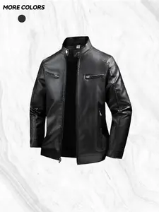 Waterproof Windproof Stand Collar Long Sleeve Jacket, Unisex Spring Autumn Leather Coat, Motorcycle Jacket, Trendy Versatile Outdoor Casual Jacket for Men and Women