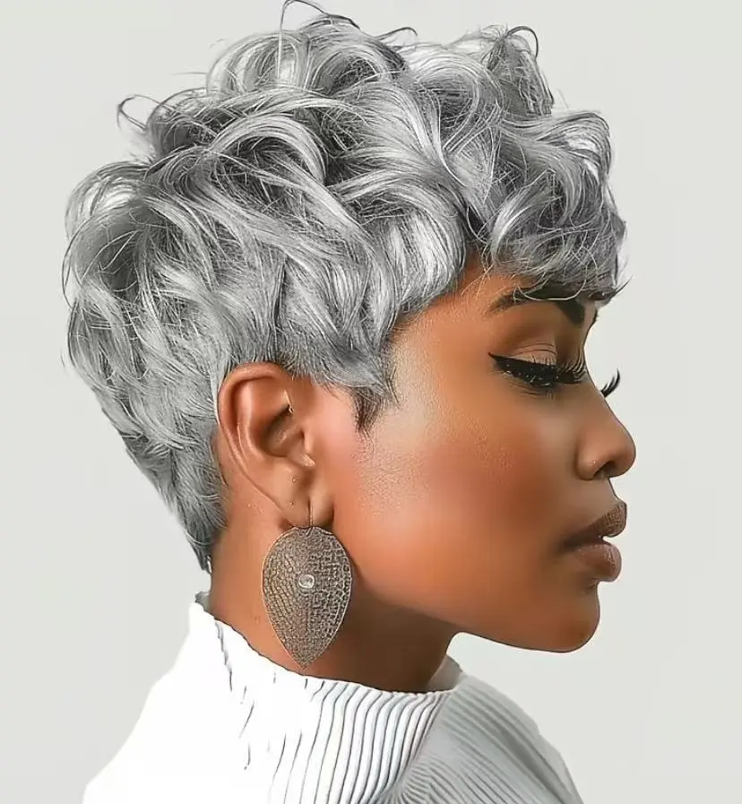 Sherawe Gray Curly Human Hair Pixie Cut Wig - 180% Density, 22.5-in Medium Full Machine Wig for Summer Looks