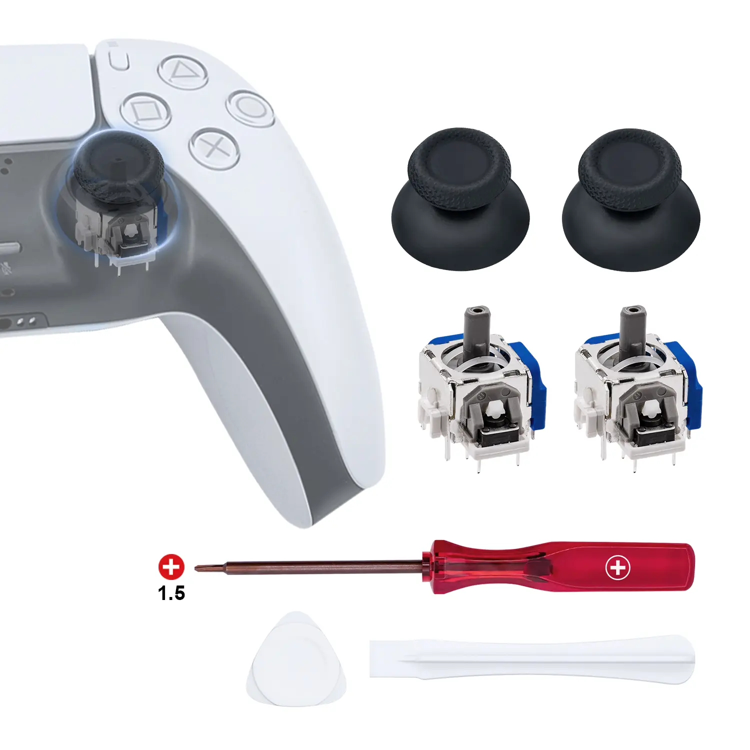 Mcbazel High Quality Durability Magnetic Hall Effect Analog Joystick Repair Kit for PS5 - 2 Hall Effect Joysticks, Pry Board, Opening Tool, Solving Drift Issues, PlayStation 5 Console Accessory
