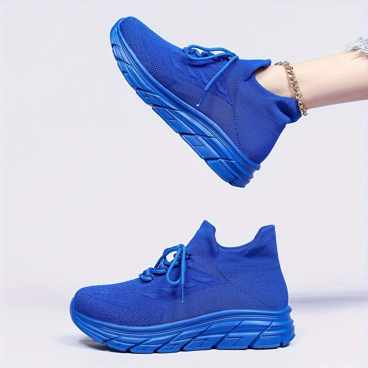 Women's Plus Size Royal Blue Low-Top Sneakers Suitable - Striped Casual Sneakers, Breathable Lace-Up with Cushioned Sole, Running Sneakers Walking, Gym & Casual Attire, Women Shoes