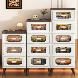 3/4/5 Tier Drawer Storage Cabinet with Wooden Legs, Clear Window Drawers, Handles & White-Brown Finish - Stackable, Narrow Tall Tower, Tool-Free Assembly, for Small Spaces, Cosmetics & Home