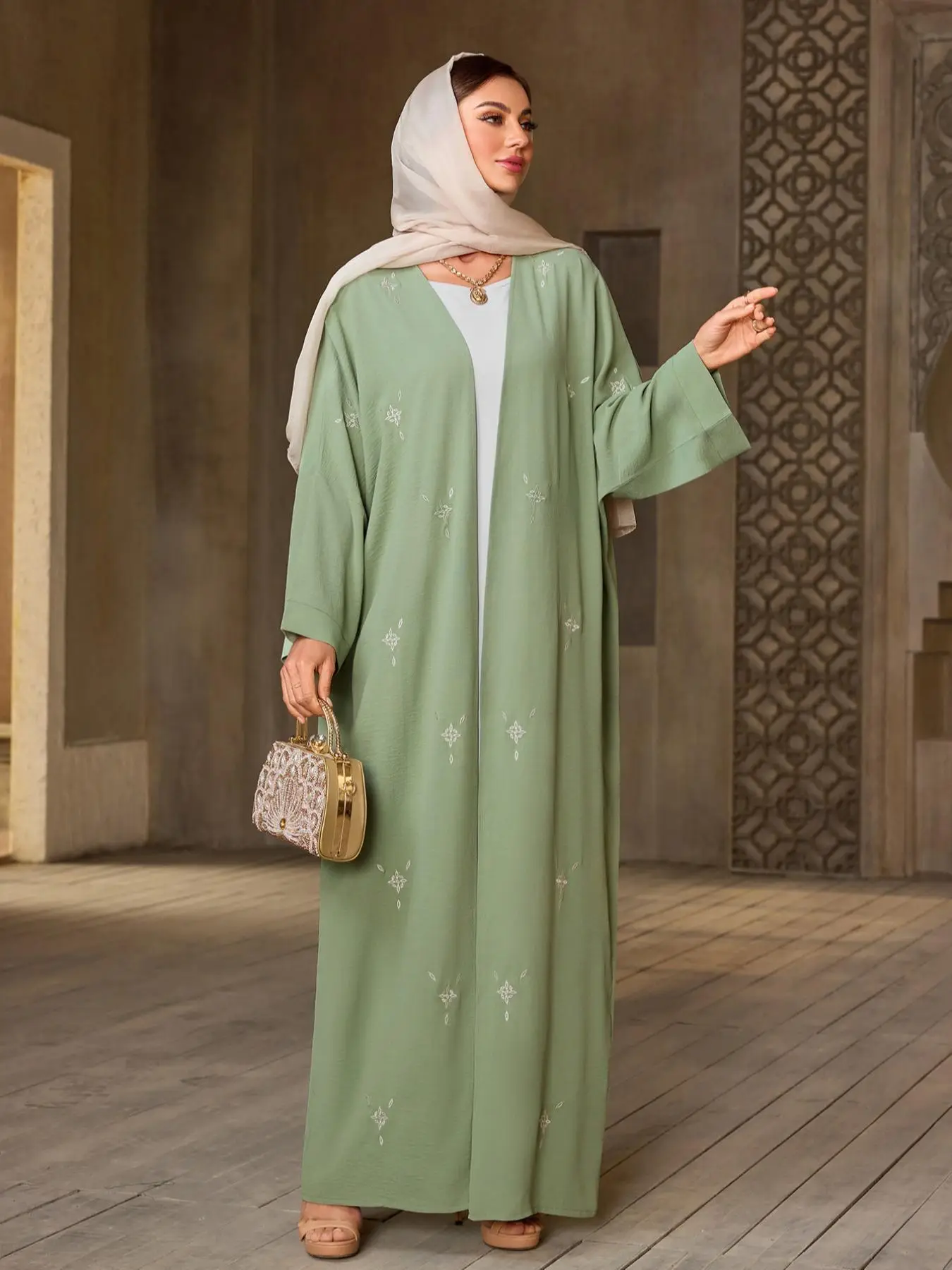 Women's Embroidery Long Sleeve Abaya, Modest Fashion Open Front Abaya for Daily Wear, Women's Islamic Clothing for Spring & Fall